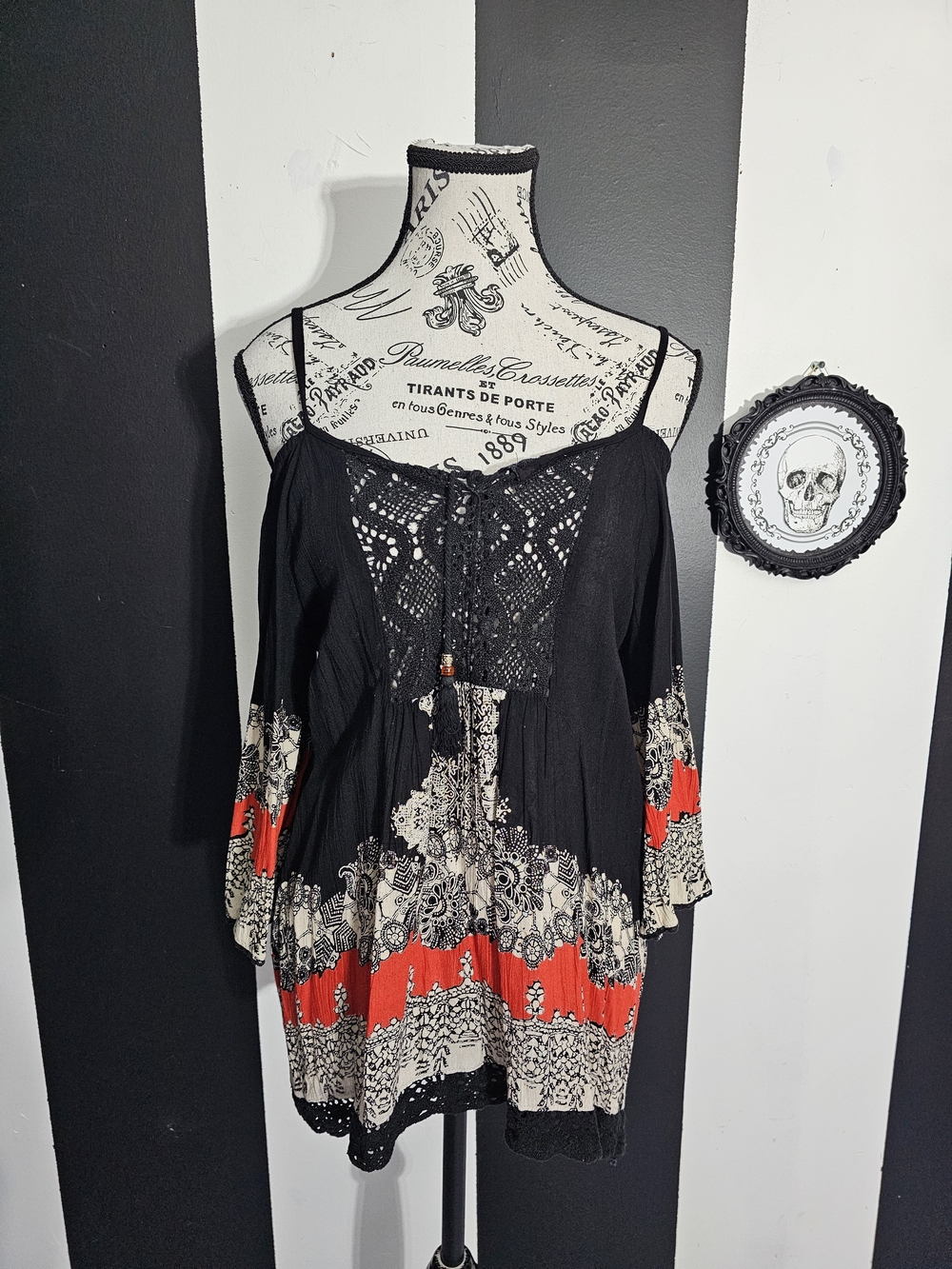 Angie Black Tunic with Red and Cream Boho Print